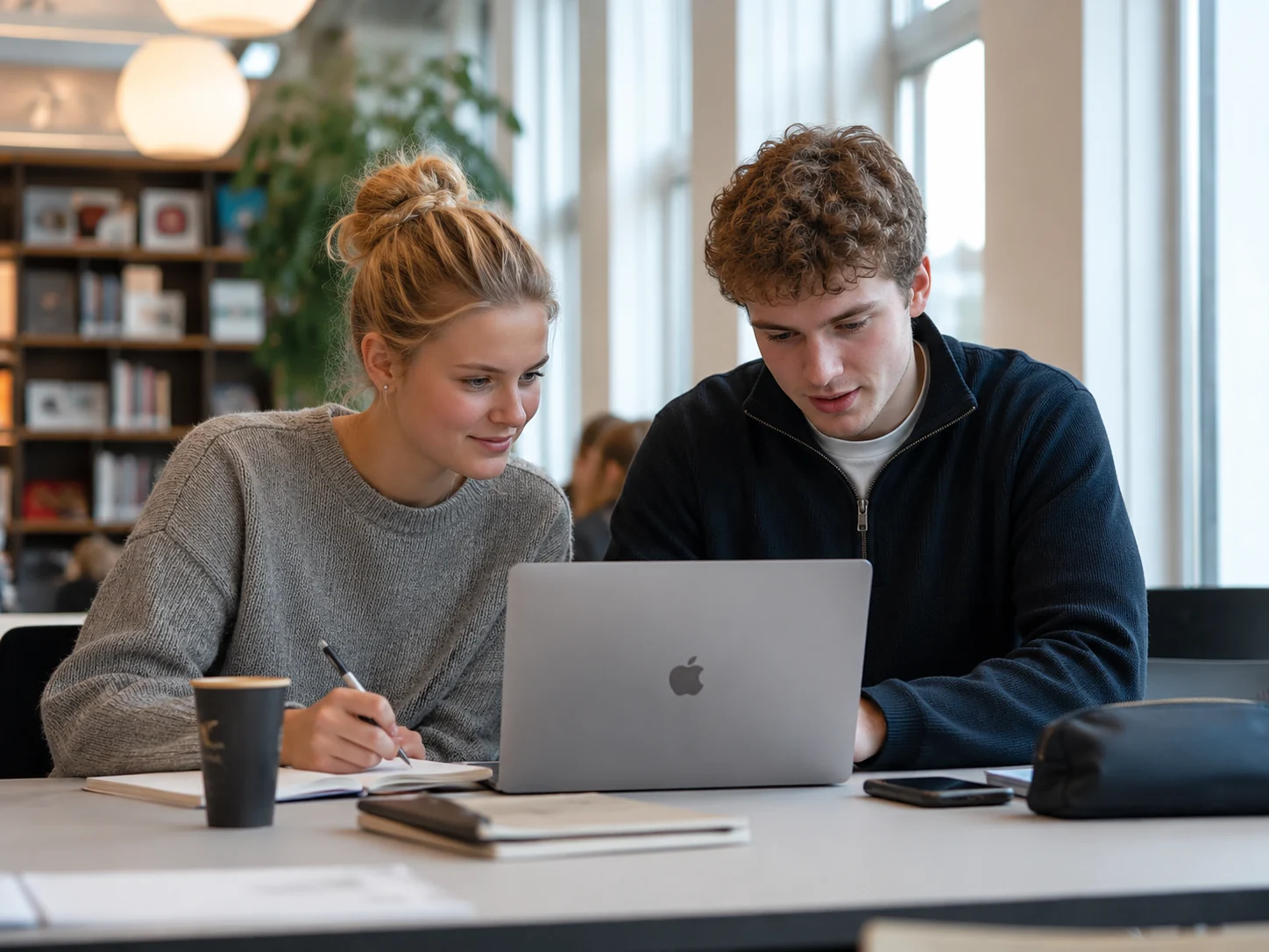 Studerende der samarbejder i et moderne studiemiljø